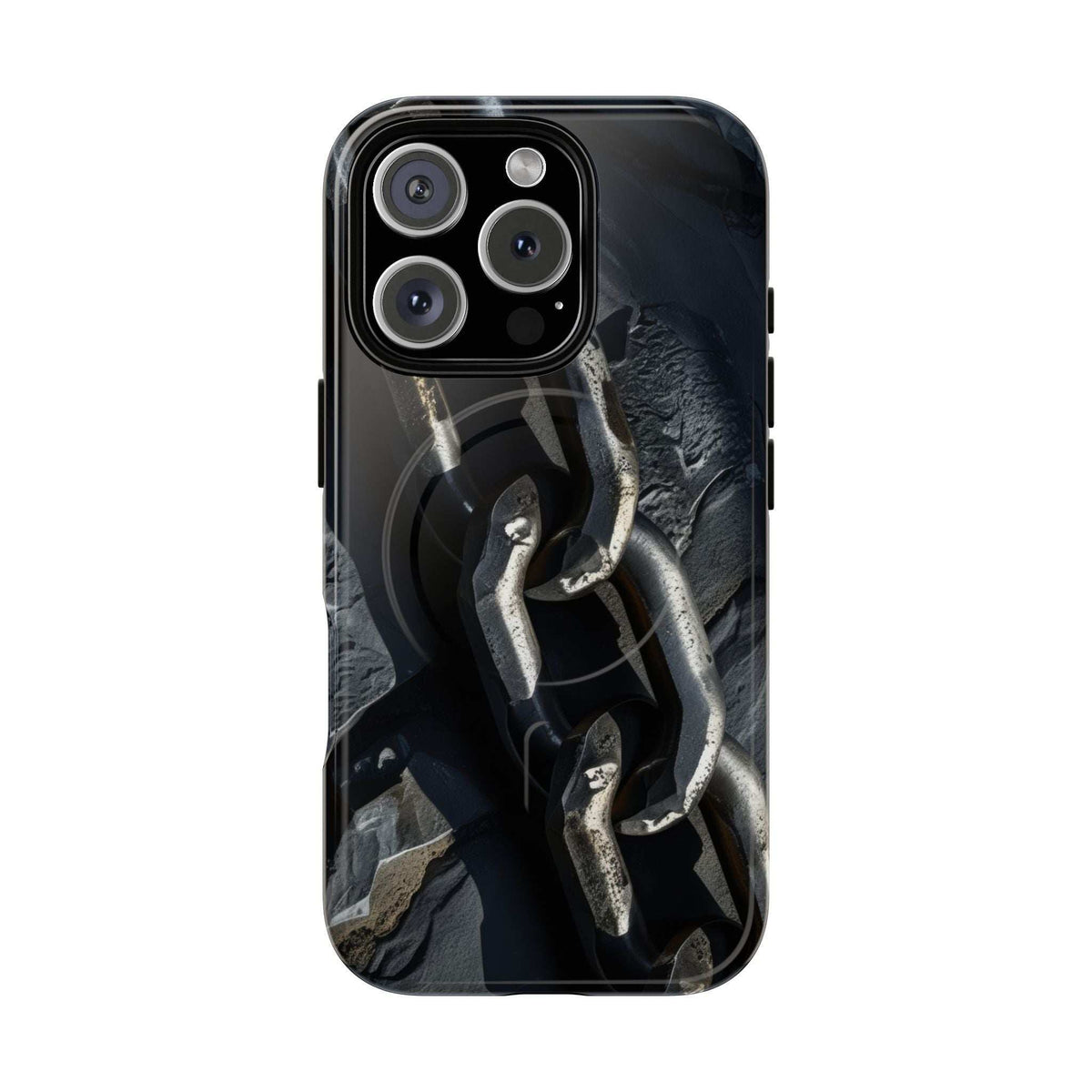 Black magnetic phone case with iron chain graphic, rounded edges, camera cutouts