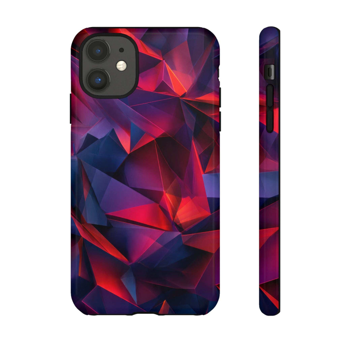 Glossy crystalline prism phone case front with camera cutout, red blue faceted prism look