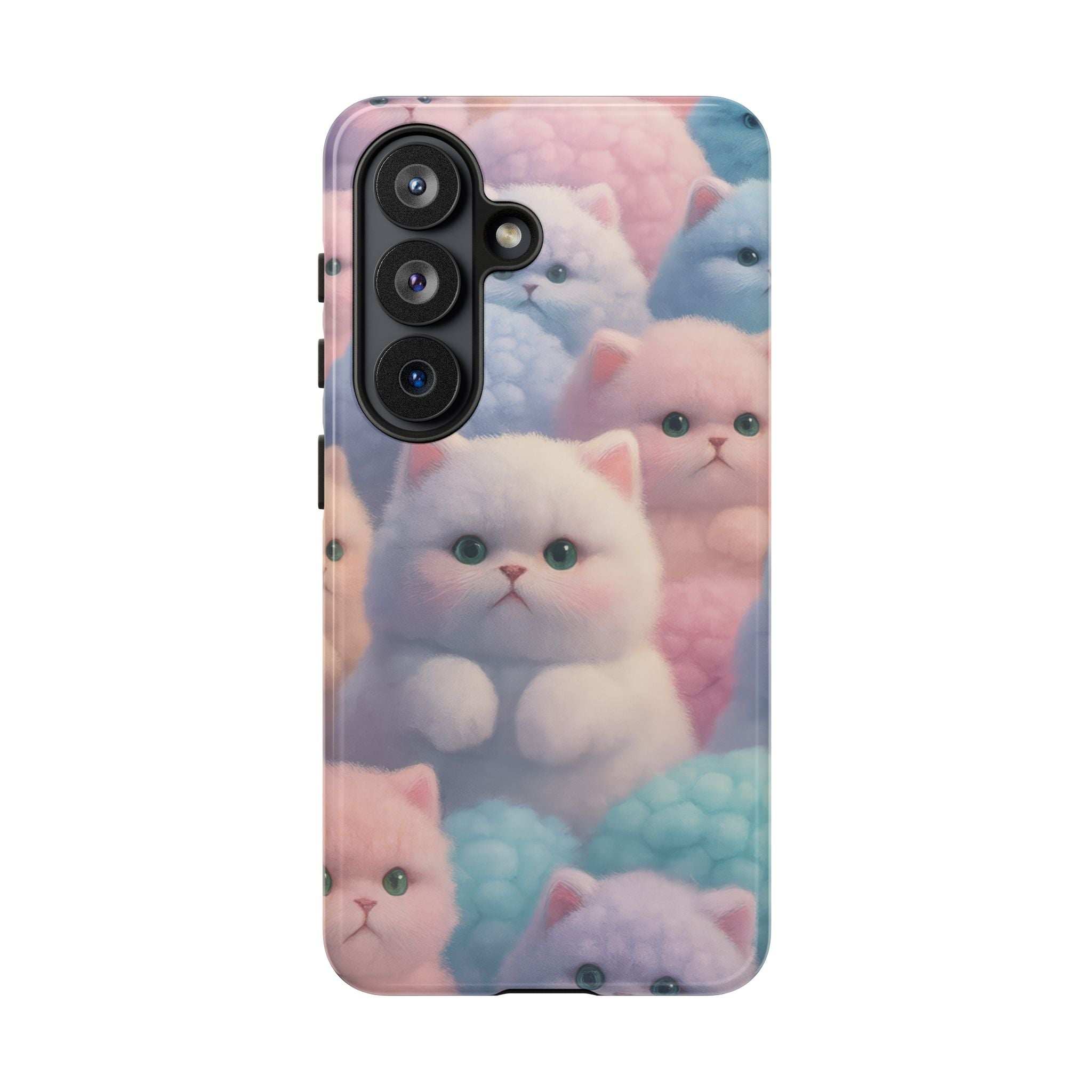 Glossy pastel kitten phone case with rounded corners and cuddly cat face design