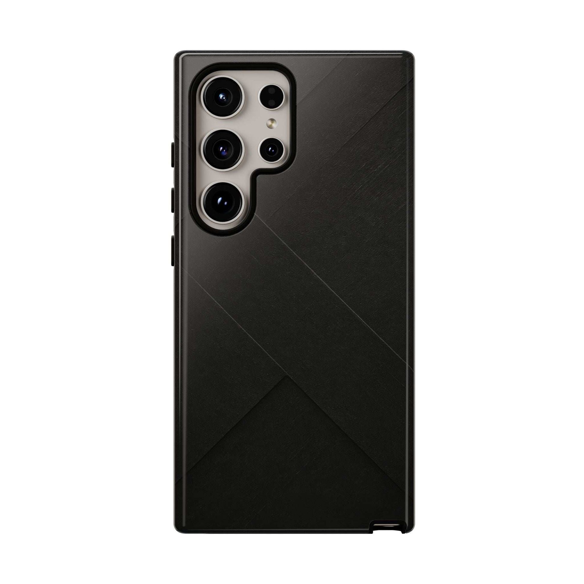 Matte black phone case, side buttons visible, diagonal line pattern and triple camera
