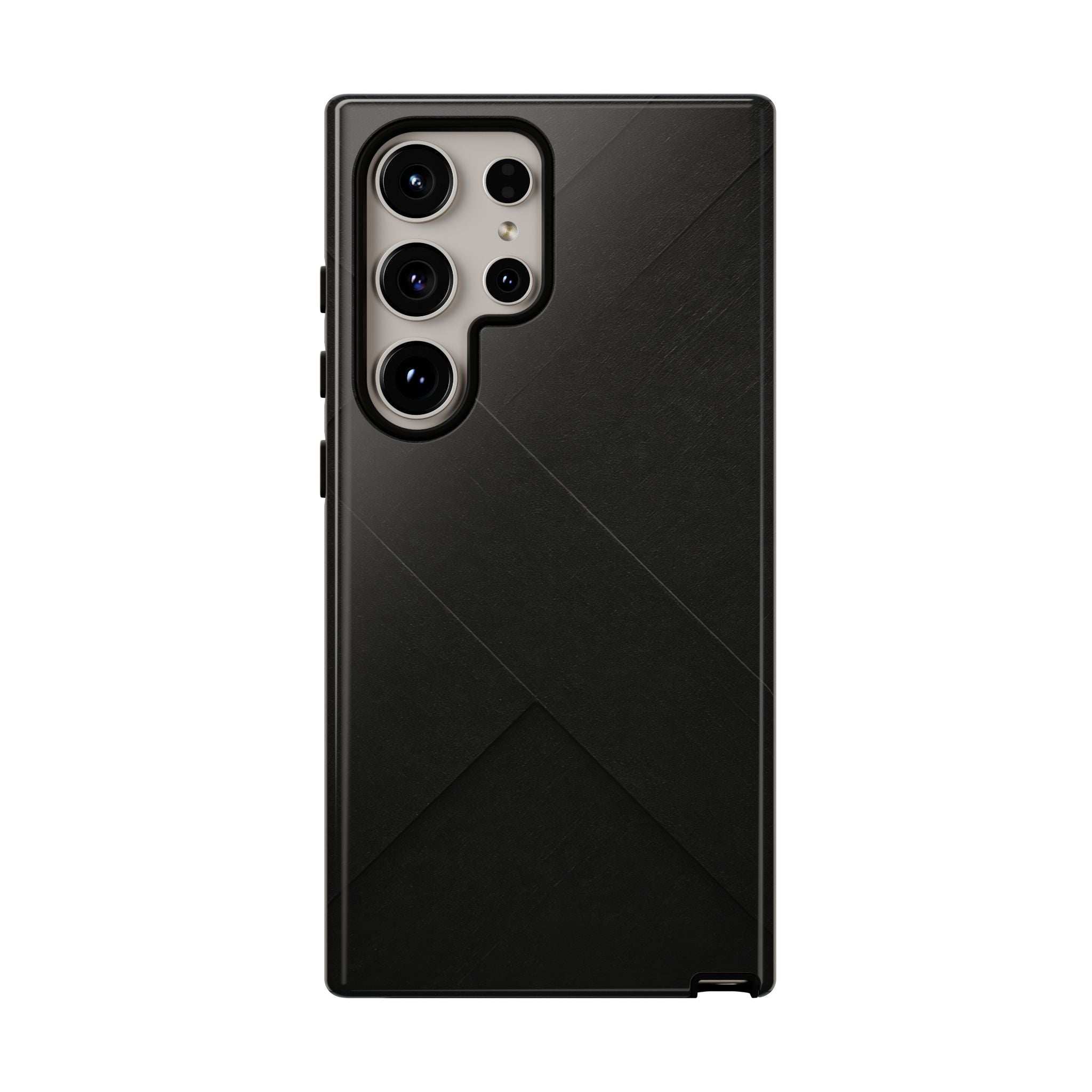 Matte black phone case, side buttons visible, diagonal line pattern and triple camera