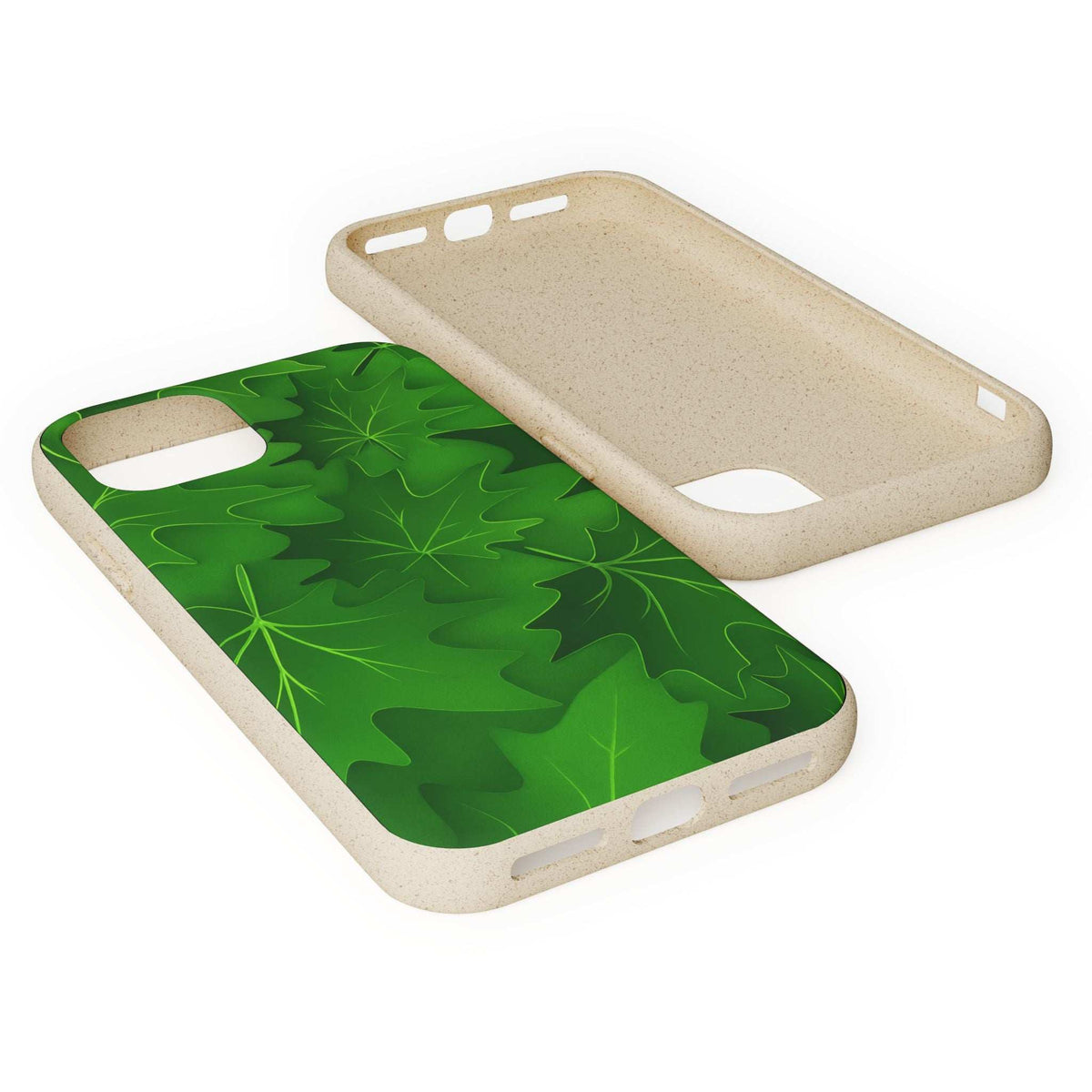 Green leaf-pattern phone case with beige backing and cutout openings, angled view