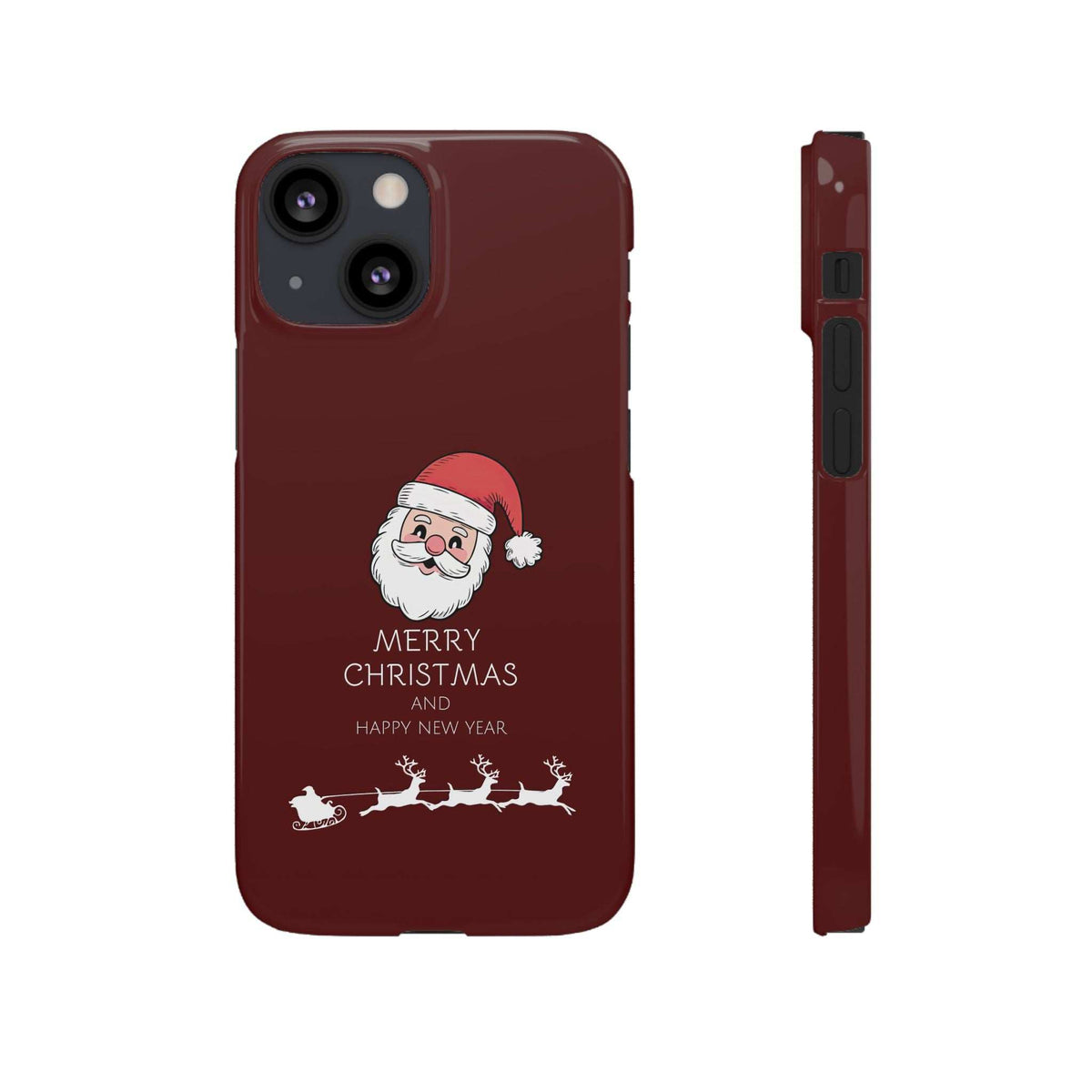 Maroon glossy phone case with Santa and “MERRY CHRISTMAS,” reindeer and sleigh illustration