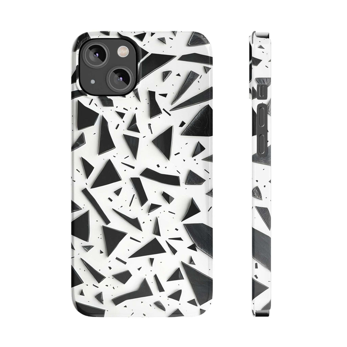 iPhone slim phone case with abstract white and black design, side view