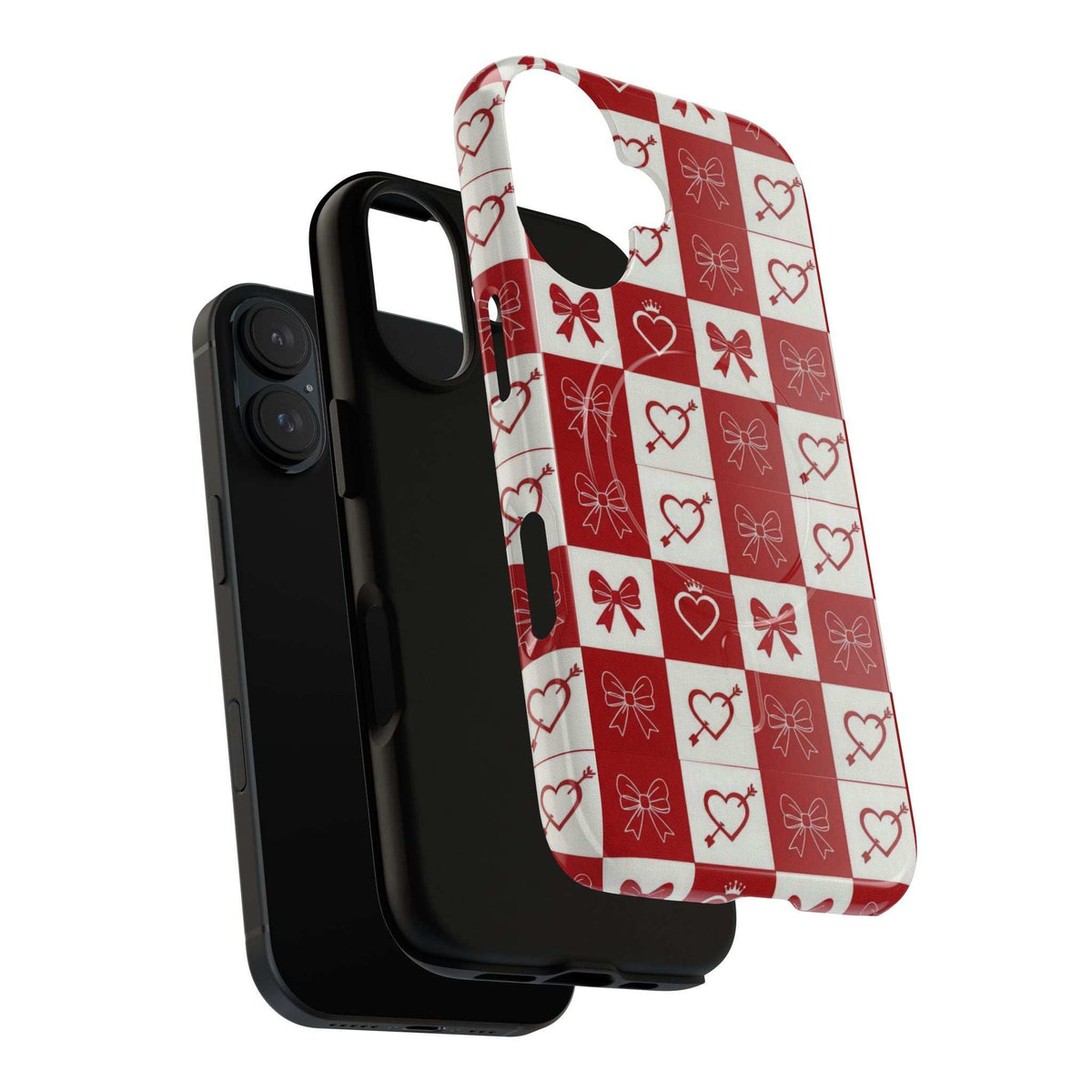 Red-and-white checkered phone case with hearts, bows, and bow outlines; back cover.