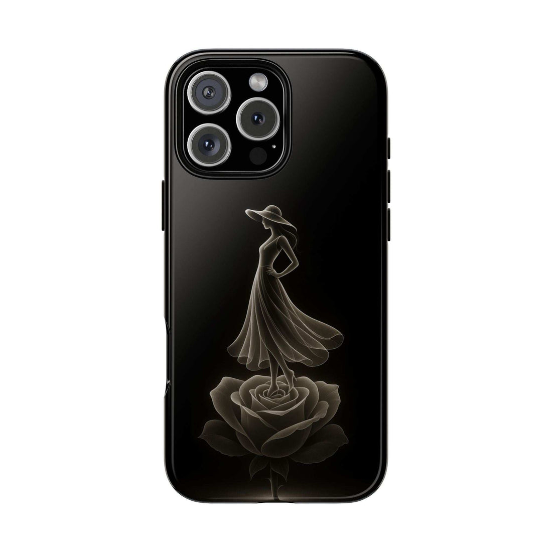 Black glossy phone case with lady and rose design; back view with triple camera cutouts
