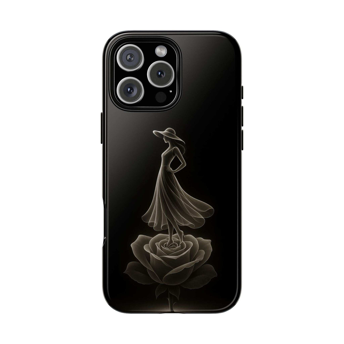 Black glossy phone case with lady and rose motif; back view and side button cutouts
