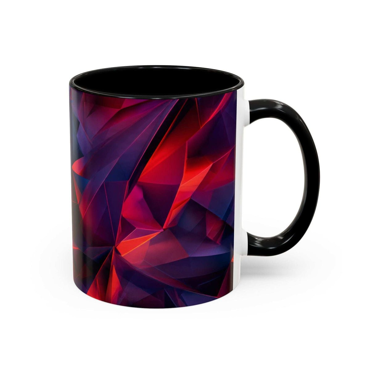 Ceramic accent mug with black handle and faceted red/purple/blue pattern, white side panel