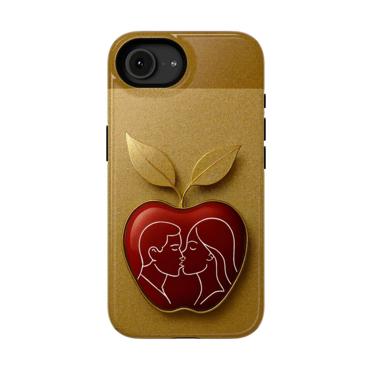 Gold glitter phone case with red heart couple kissing design and gold leaf accents