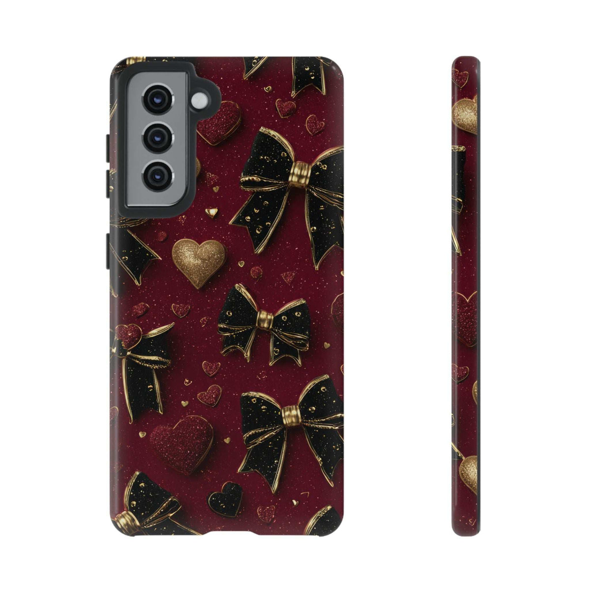 Burgundy glossy phone case with gold bows and hearts, side view included