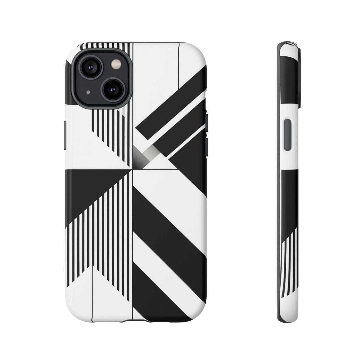 Tough phone case with black-and-white geometric stripes and raised camera cutouts