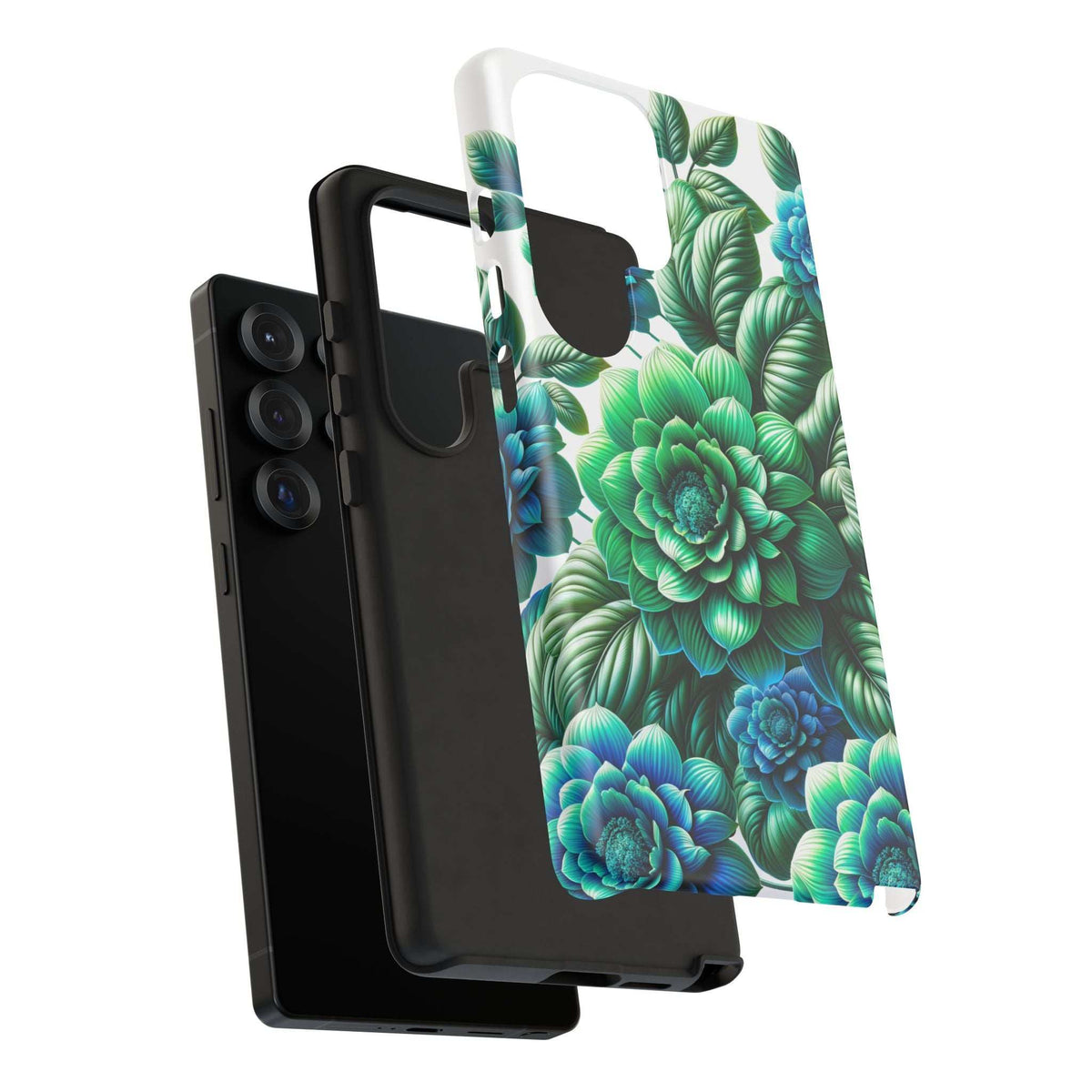 Green and blue floral phone case with camera cutout, back view with phone behind