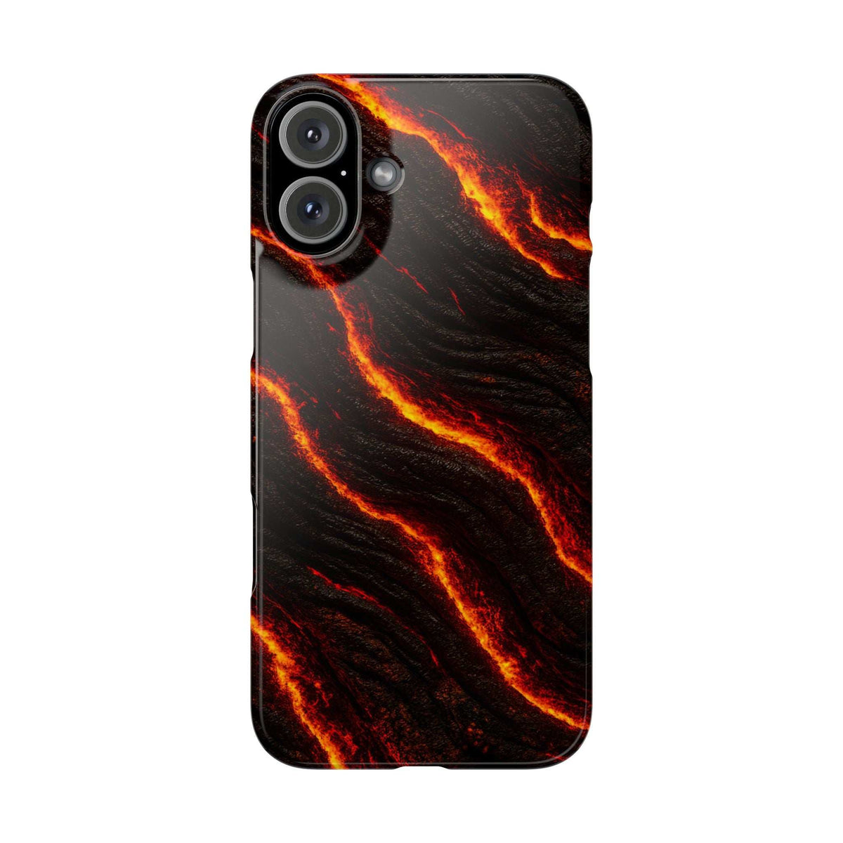 Black lava phone case with orange glowing lava streaks and rear camera cutout.