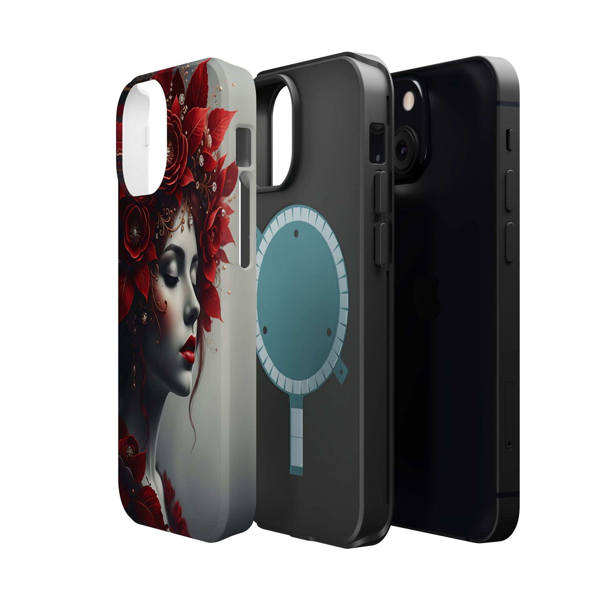 Portrait phone case with red floral woman art and blue pendant, angled back view