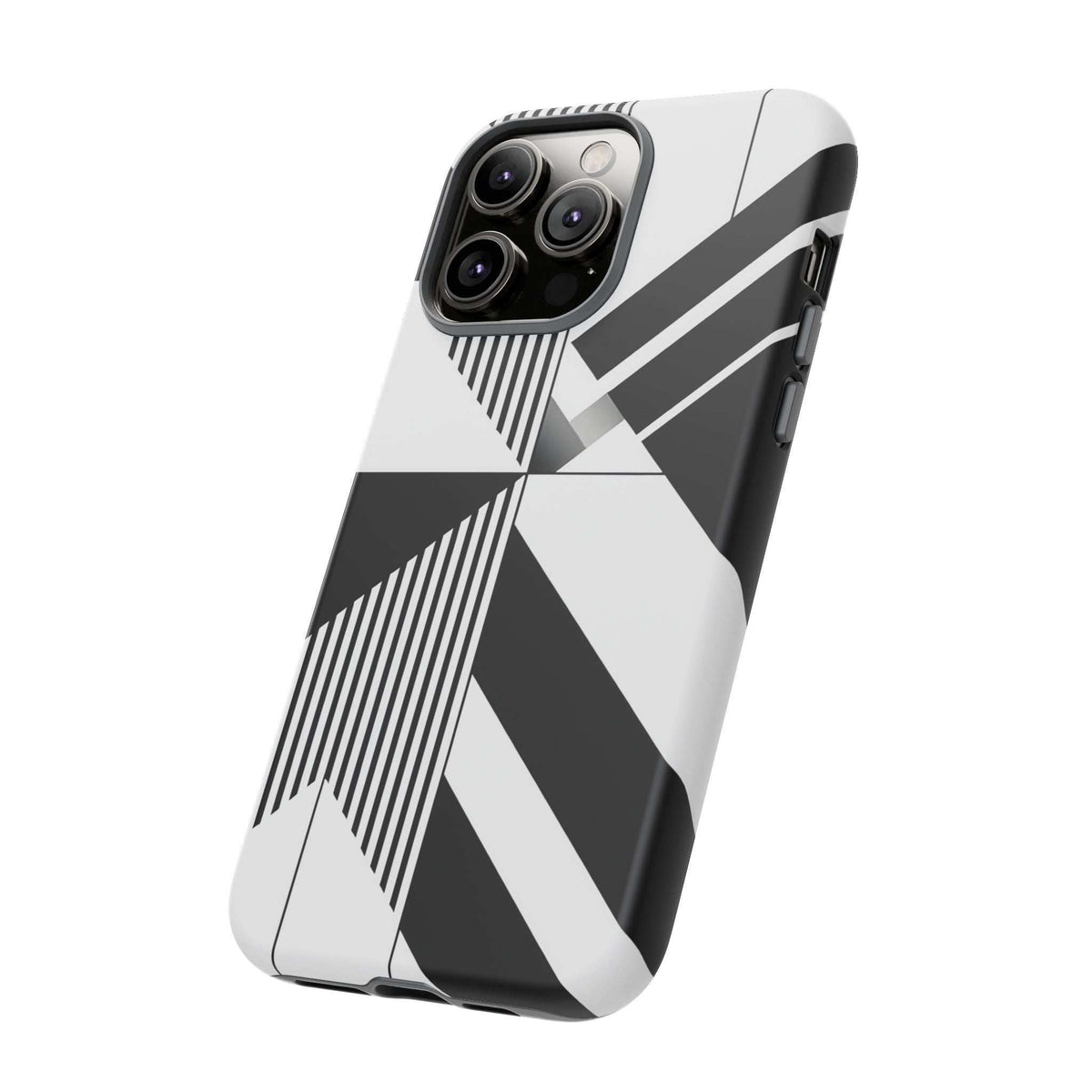 Monochrome tough phone case with black-and-white geometric stripe pattern, corner protection