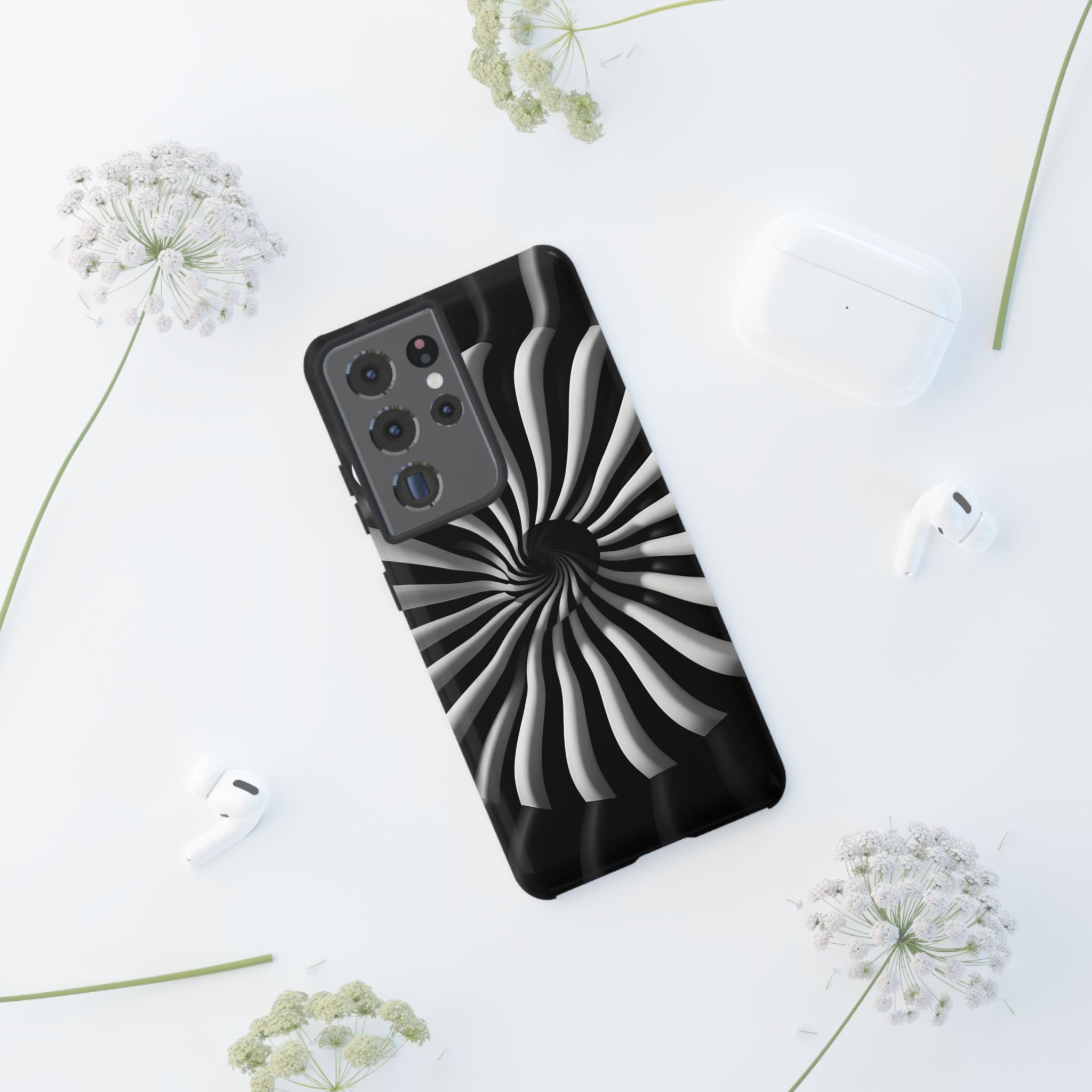 Hypnotic Black and White Spiral Phone Case – Optical Illusion Design for iPhone & Galaxy