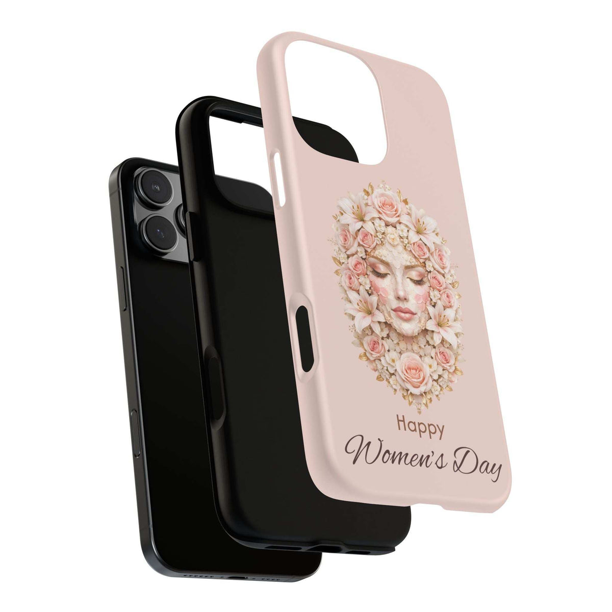 Light pink phone case with floral woman portrait and 'Happy Women's Day' text, side view