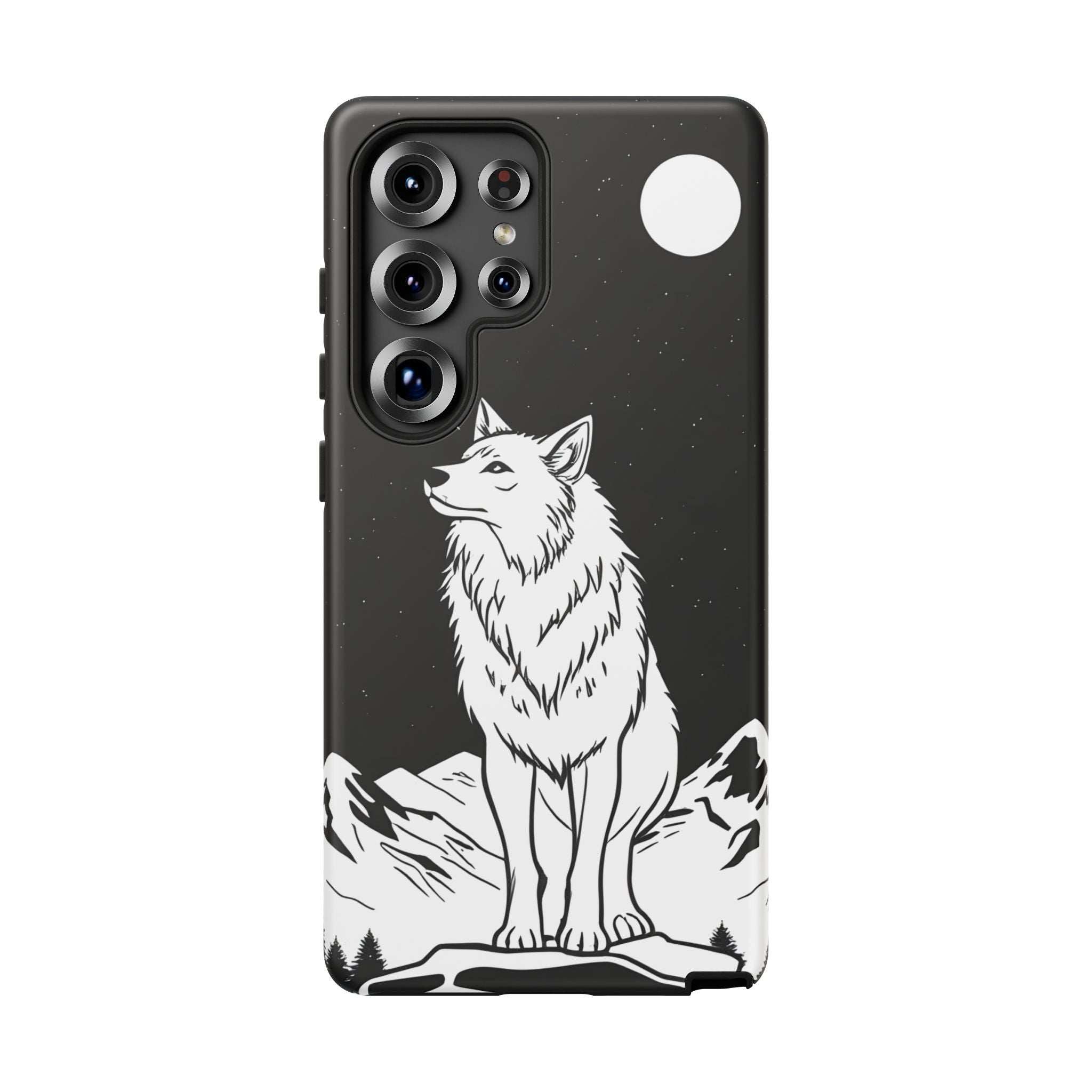 Black phone case with white wolf artwork and four-lens camera opening