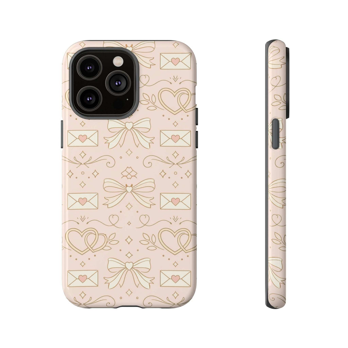 Pastel heart-and-letter tough phone case with multi-camera cutout and slim side profile