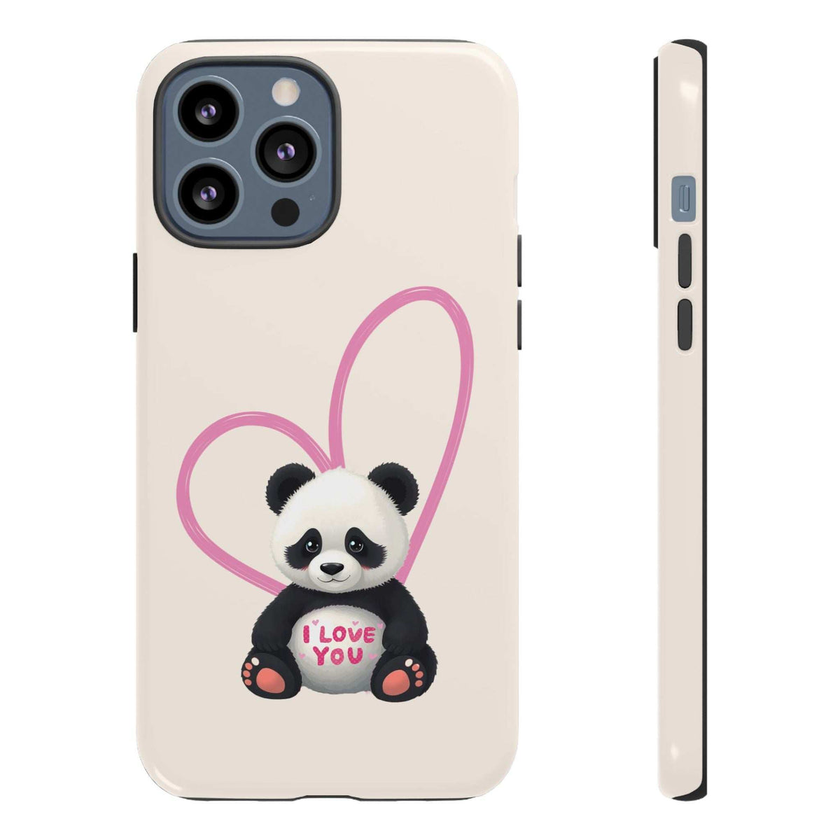 Cream phone case with panda in pink heart and “I LOVE YOU” text; side buttons visible