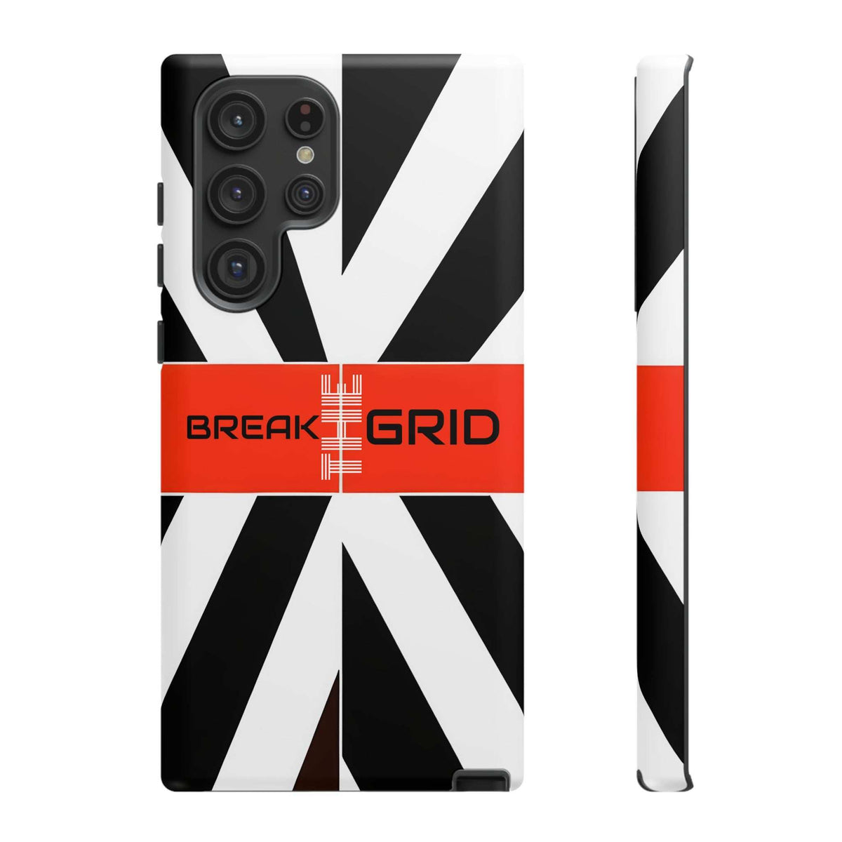 Phone case with black-and-white geometric stripes, red "Break Grid" band, front and side view.