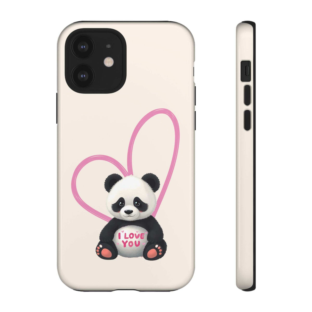 Light cream panda phone case with pink heart outline and “I love you” text, visible camera lenses