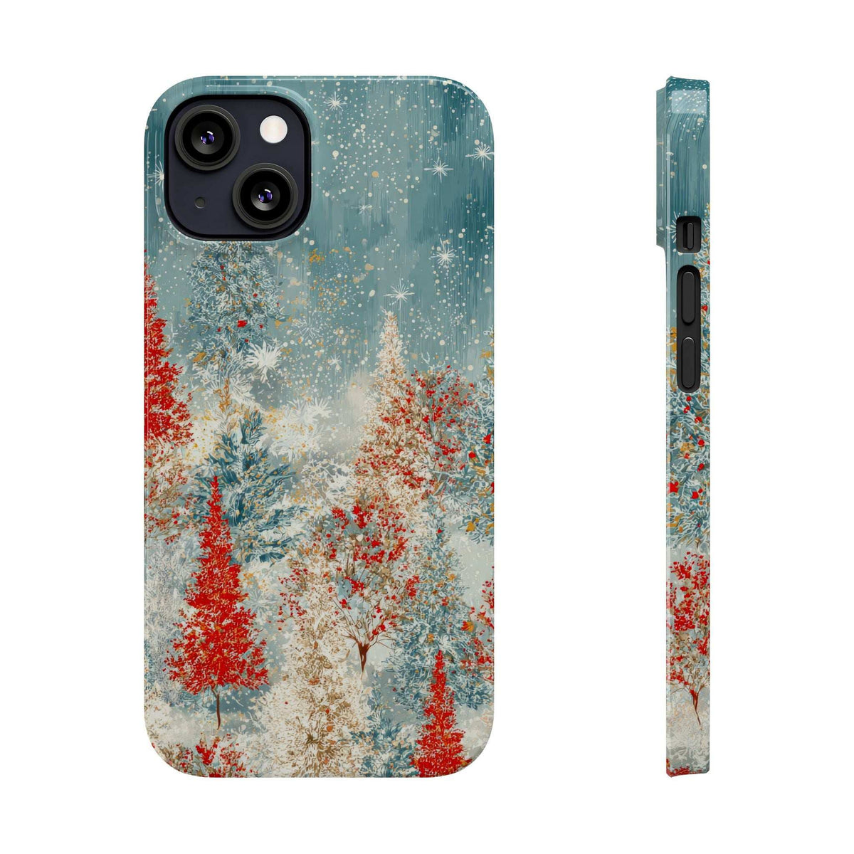 Phone case with snowy forest design, teal edging, and visible side port cutouts