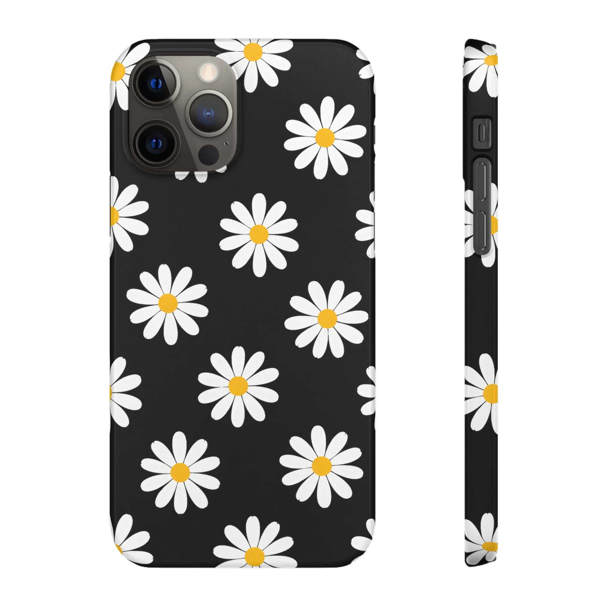 Black phone case with white daisy pattern and yellow centers; back showing multiple camera cutouts.