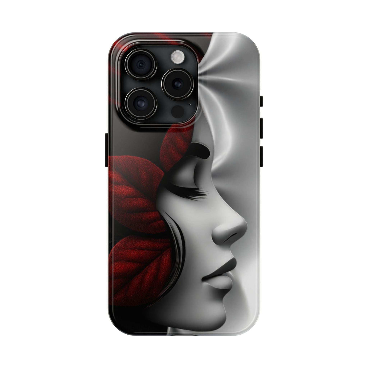 Phone case with black shell and red flower face artwork, slim protective cover