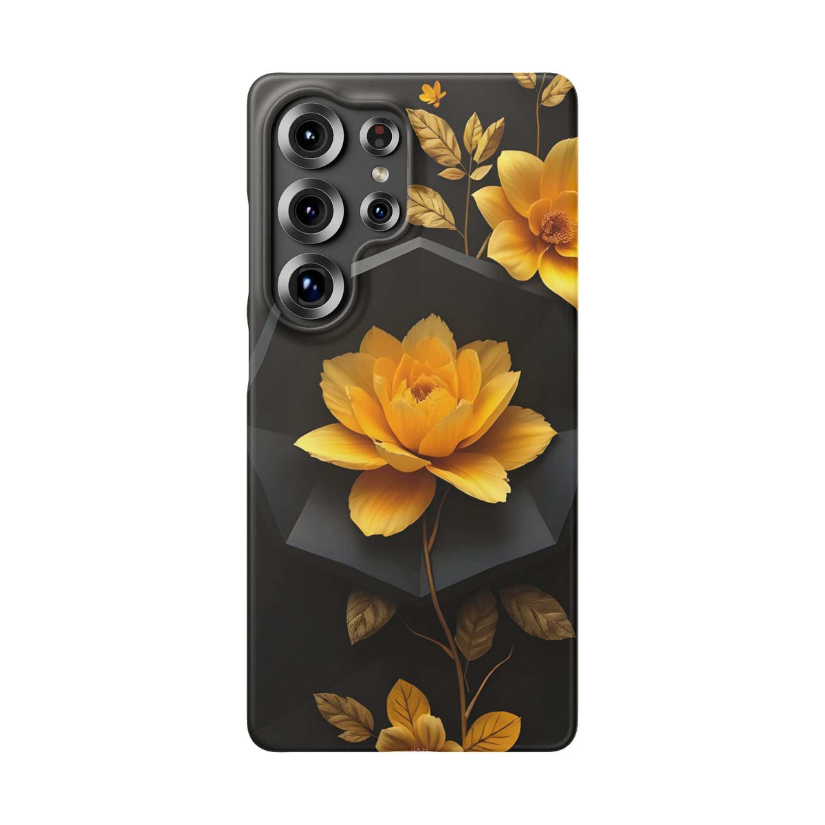 Dark phone case with large yellow flower, gold leaves, and camera cutouts in top-left.