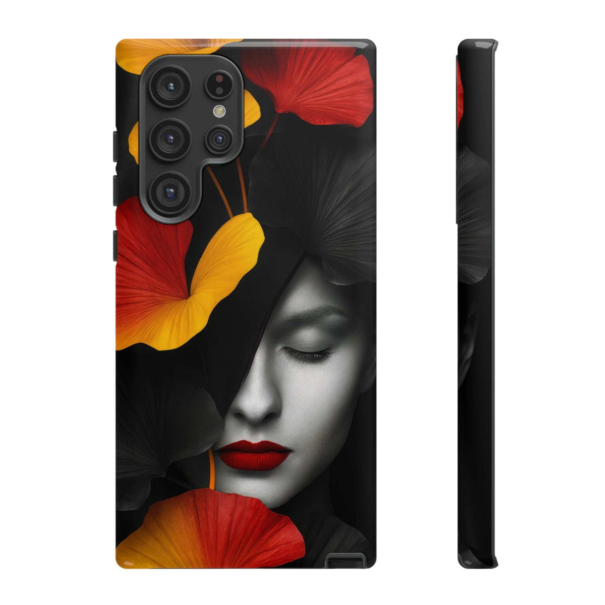 Glossy phone case with woman's face and red-yellow flowers; iPhone/Galaxy cutouts