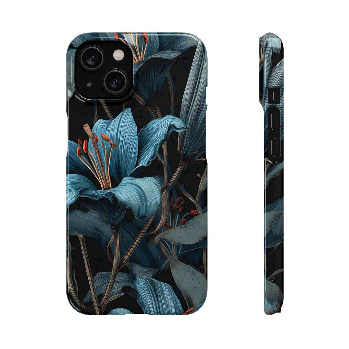 Phone case with dark blue botanical pattern, camera cutouts and side button openings visible