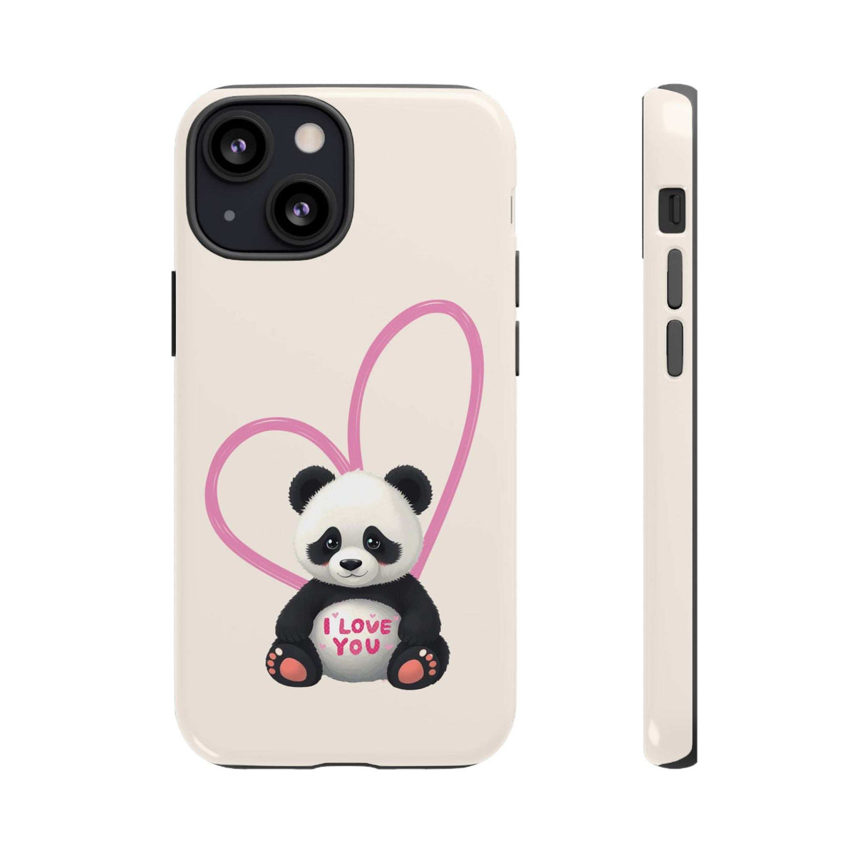 Cream phone case with panda in pink heart and “I LOVE YOU” print; camera cutout