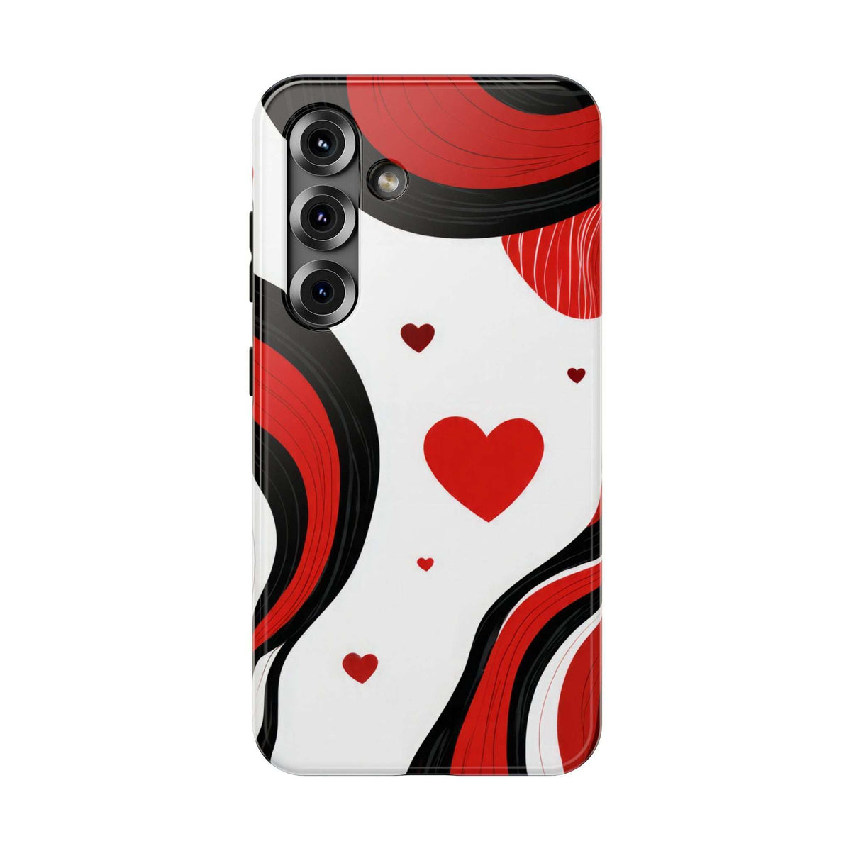 Glossy phone case with white base, red hearts, and red/black swirl pattern at top-left