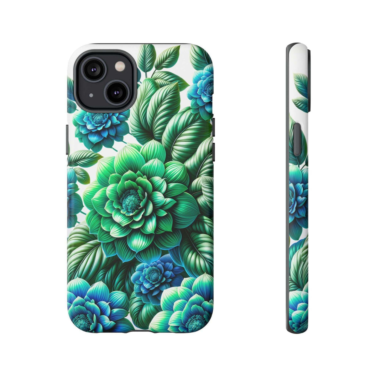 Phone case back with green and blue blossoms and leaves; side profile included.