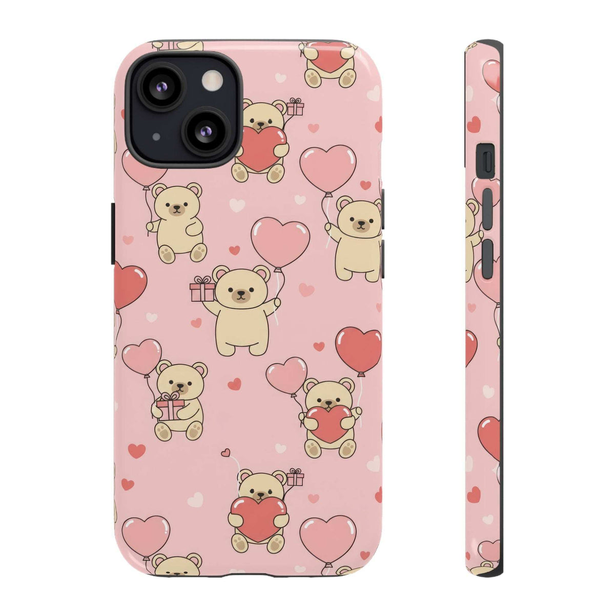 Pink teddy bear phone case with heart pattern, front view showing camera cutout