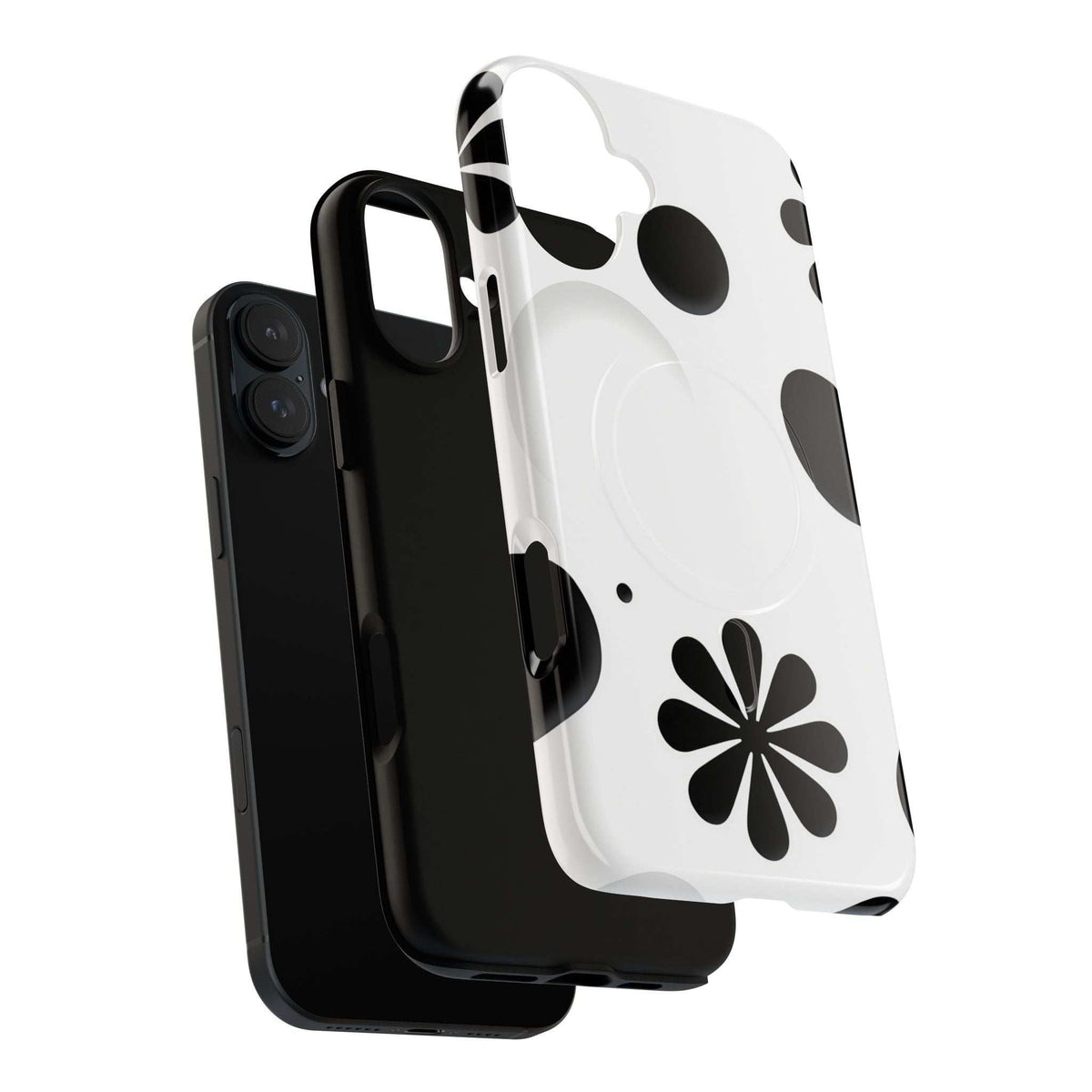 Magnetic phone case set with black floral pattern on white back and cutout edges