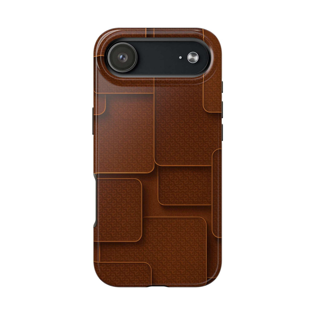Brown textured phone case with top camera openings and visible side button cutouts