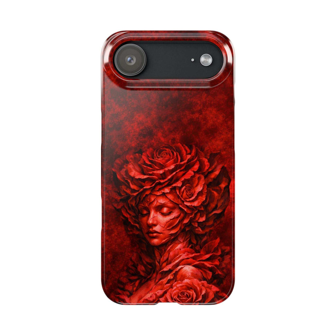 Red slim iPhone case with rose-and-woman face artwork and black camera cutouts.
