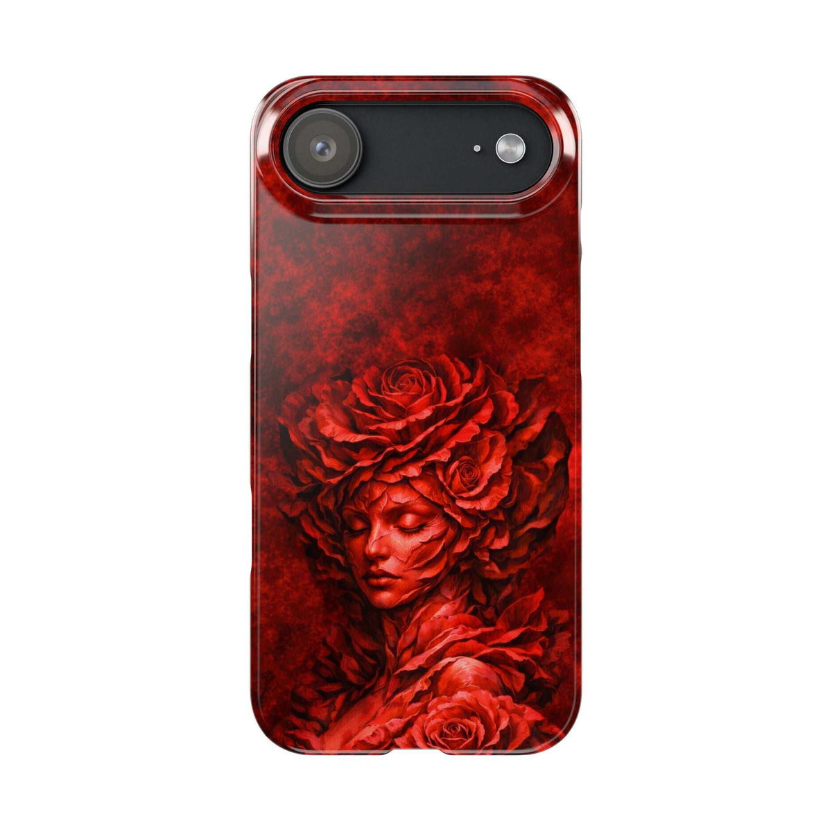 Slim phone case with red floral angel-face design and top camera bar opening