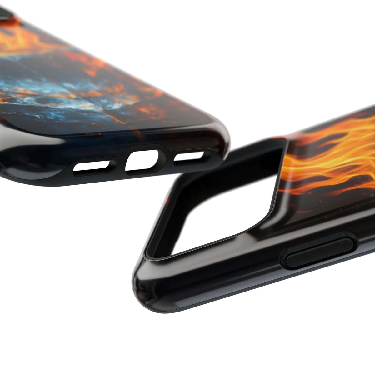 Flame and ice phone case side view with button openings and orange flame artwork