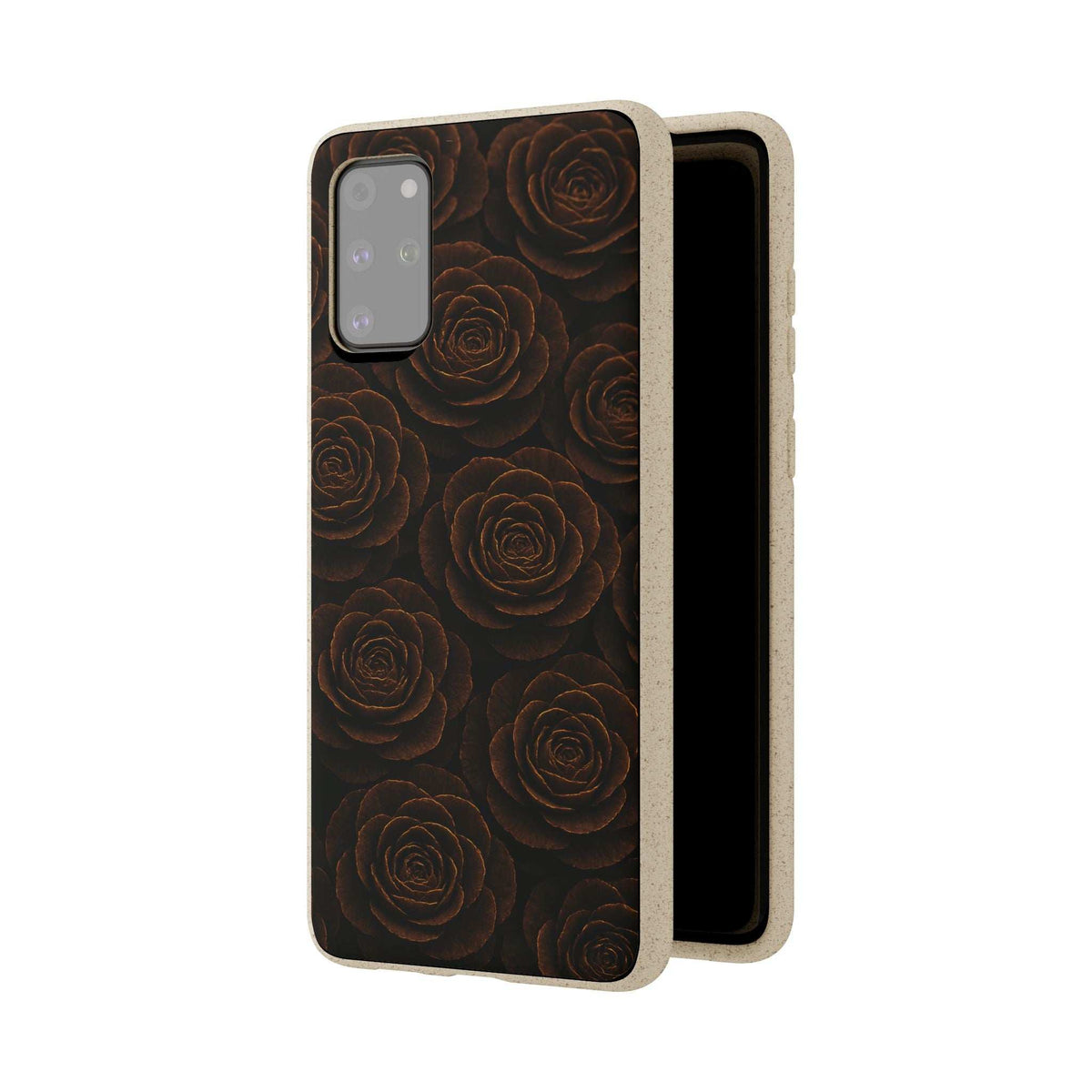 Wooden phone case with dark rose design; open side view shows slim edge