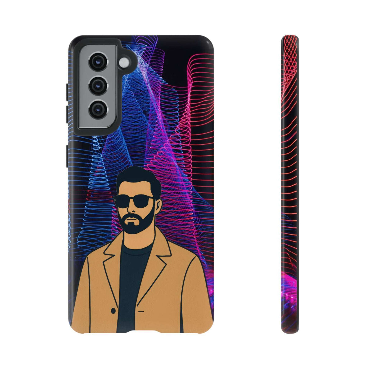 Glossy phone case with bearded man portrait, neon blue and pink wave lines, side button cutouts