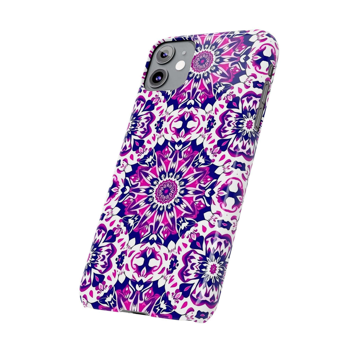 Phone case back view with purple, pink, and white mandala floral pattern.