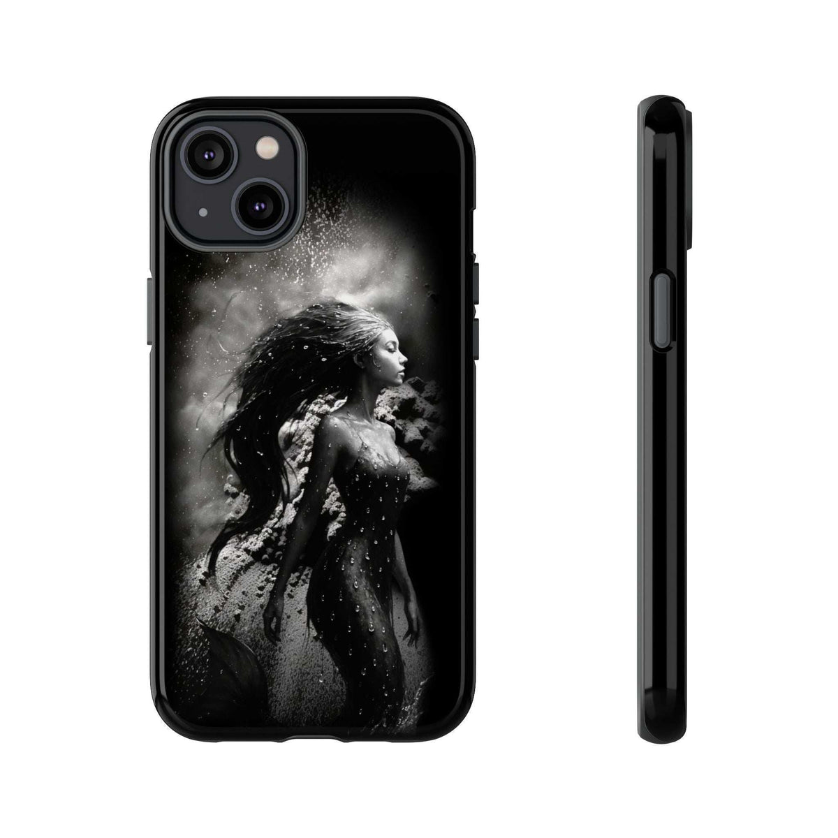 Black monochrome mermaid phone case with camera openings and narrow side protection