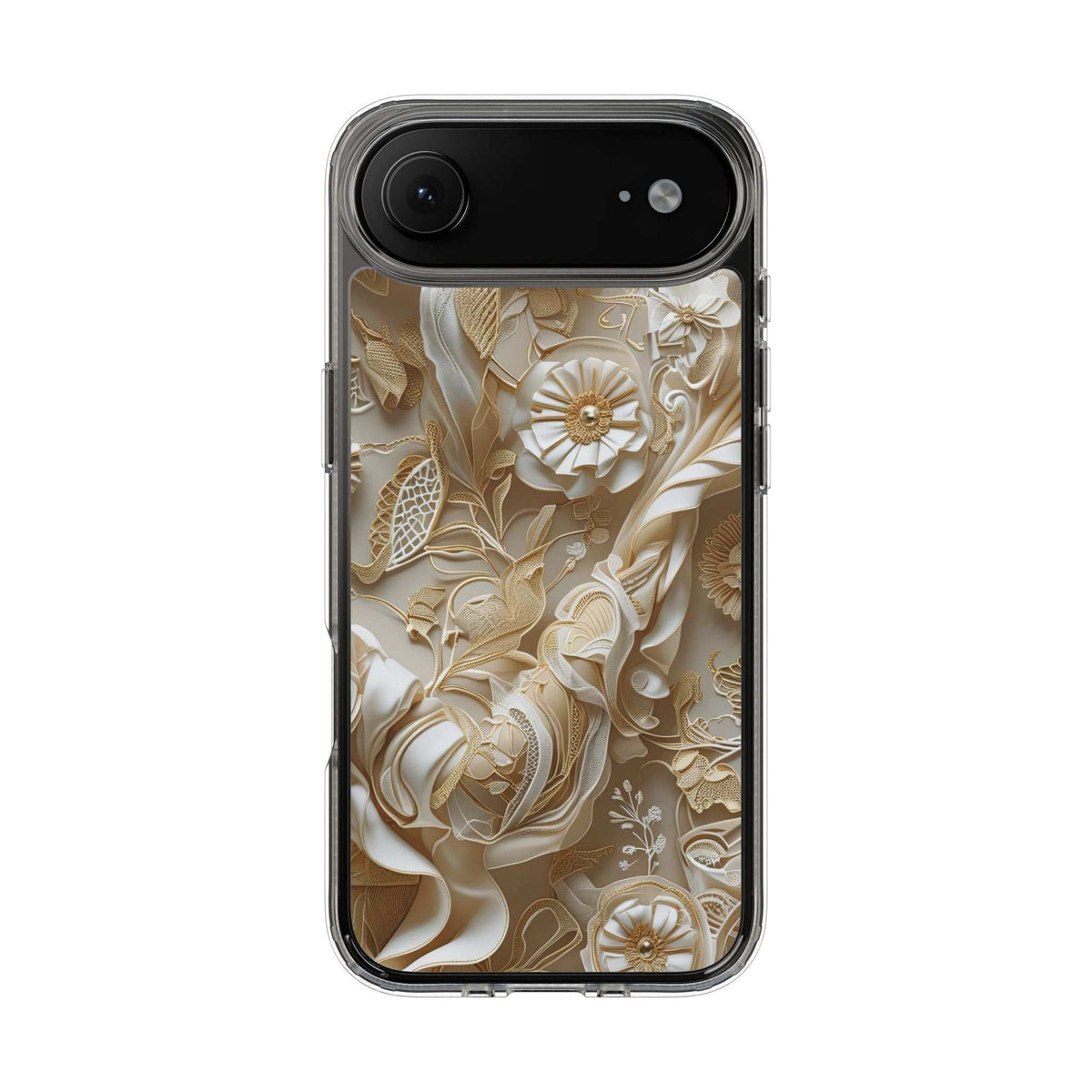 Clear phone case with gold floral pattern, top back view showing camera and flash cutouts