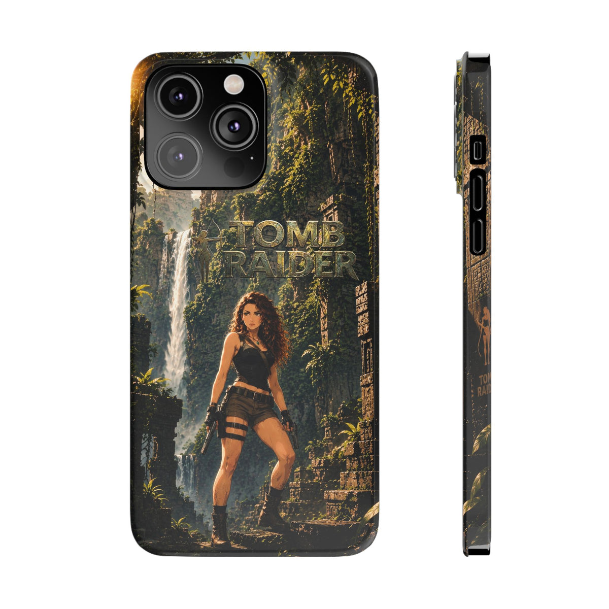 Tomb Raider iPhone case, dark back with character and logo print, thin side with ports