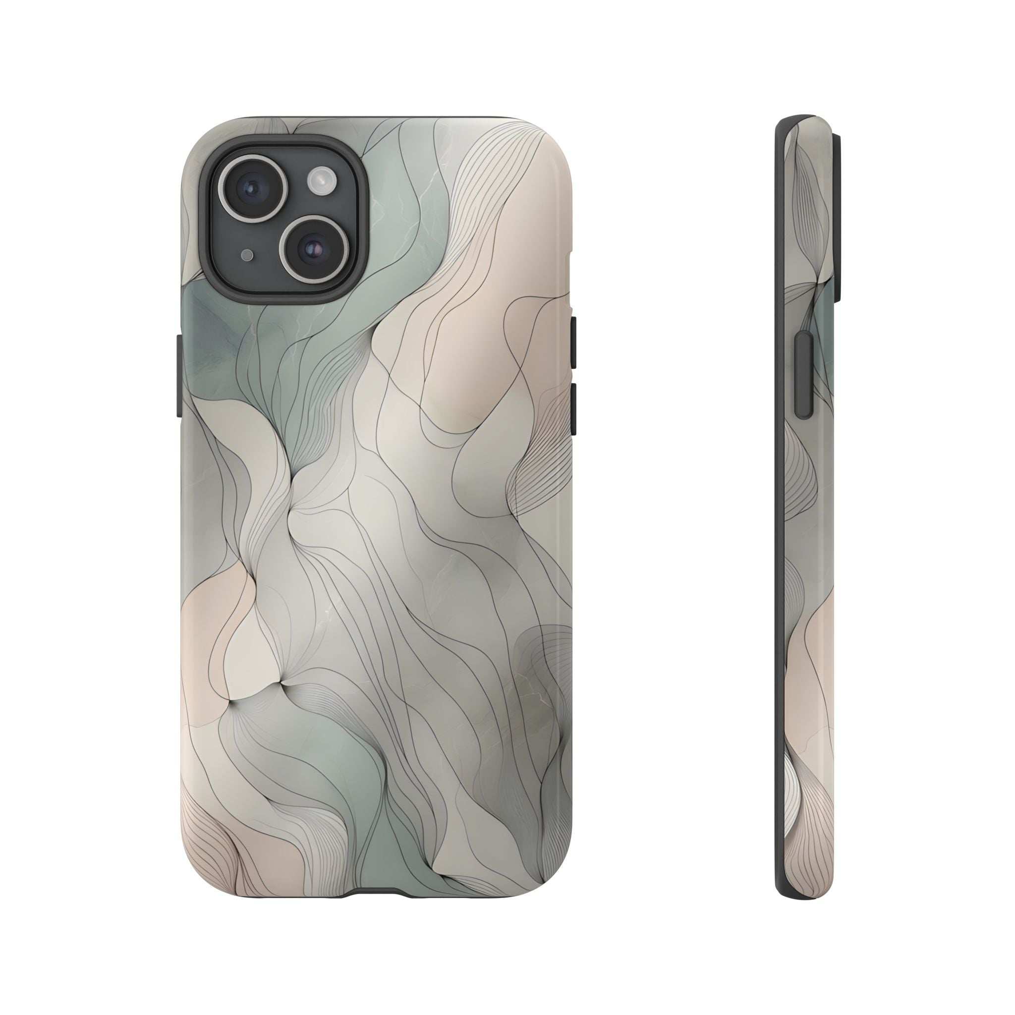 Pastel wave phone case with abstract cream, teal, and gray pattern and camera cutouts