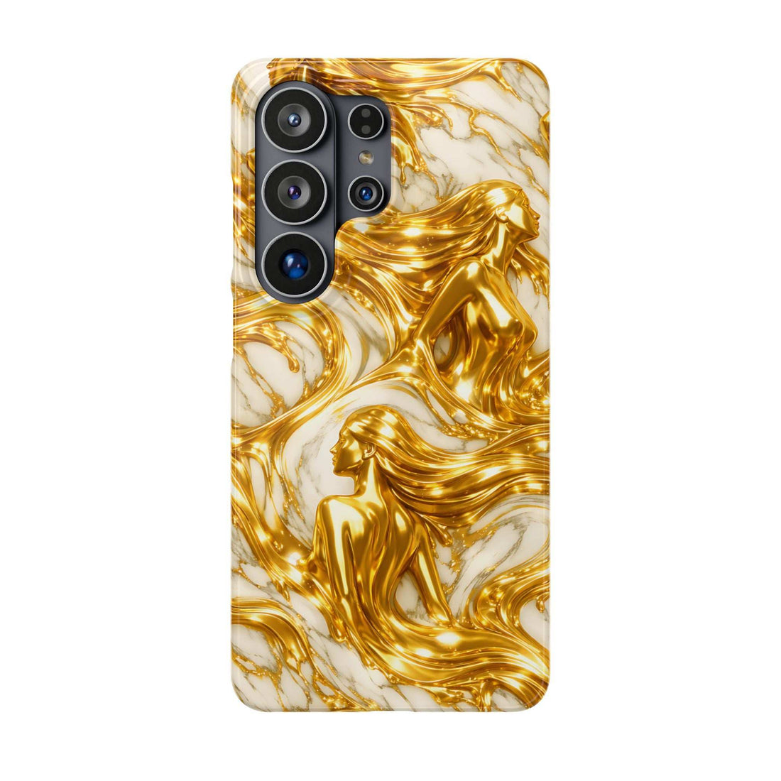 Gold angel figure snap phone case with cream marble swirls and camera cutouts