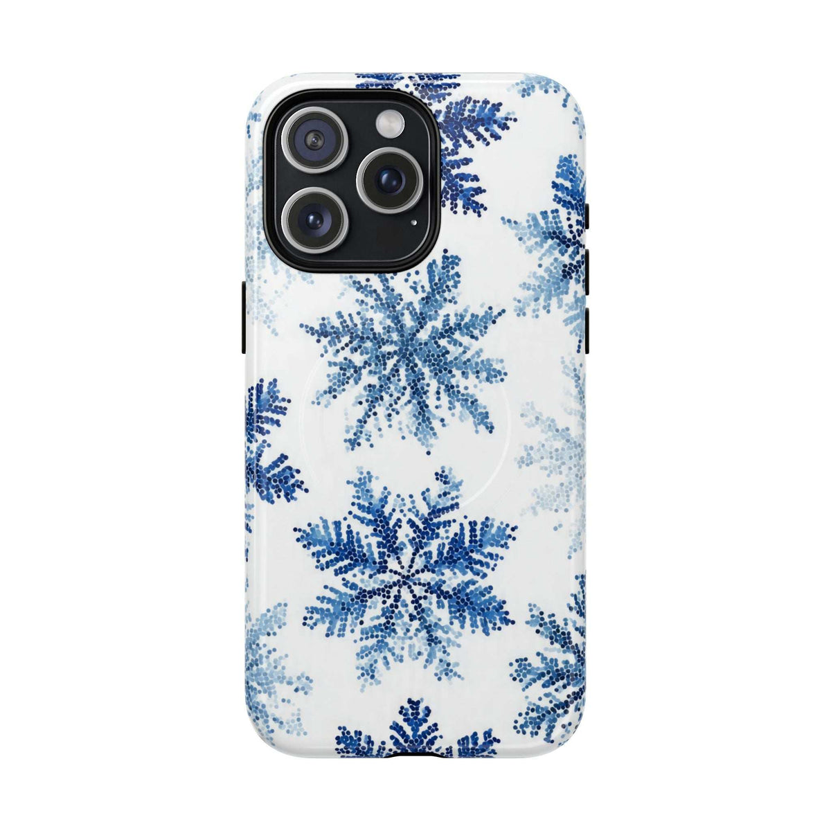 Snowflake phone case, white with blue snowflakes and quad camera cutouts
